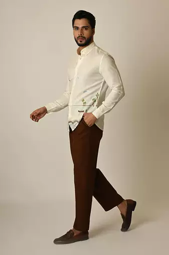 Off white pure linen embroidered thread sunset shirt