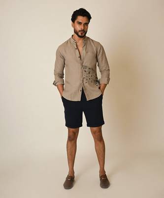 Beige pure linen embroidered thread splash shirt 1