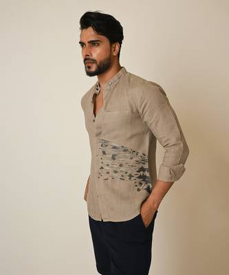 Beige pure linen embroidered thread splash shirt 2