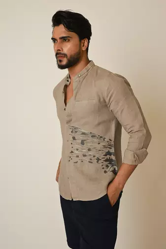 Beige pure linen embroidered thread splash shirt