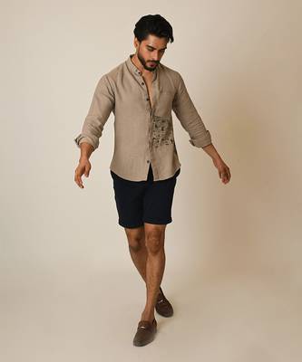 Beige pure linen embroidered thread splash shirt 3