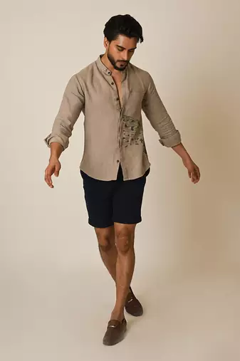 Beige pure linen embroidered thread splash shirt