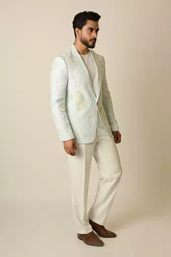 Light blue linen thread embellished blazer