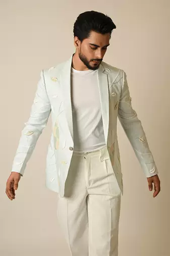 Light blue linen thread embellished blazer