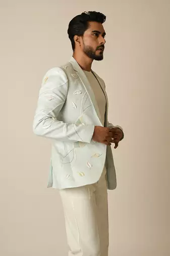 Light blue linen thread embellished blazer