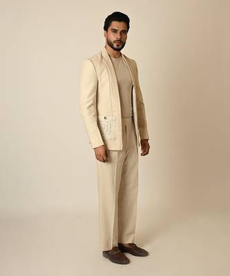 Dusty beige linen applique embroidered blazer 2