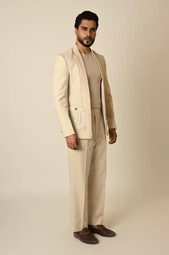 Dusty beige linen applique embroidered blazer