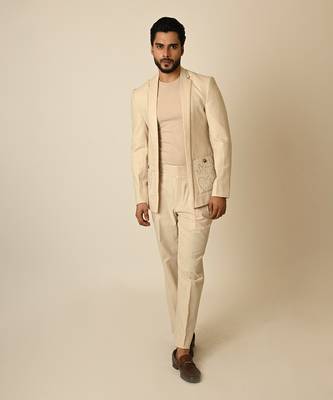 Dusty beige linen applique embroidered blazer 3