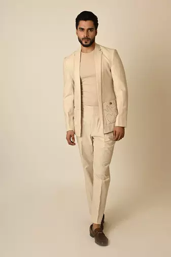 Dusty beige linen applique embroidered blazer