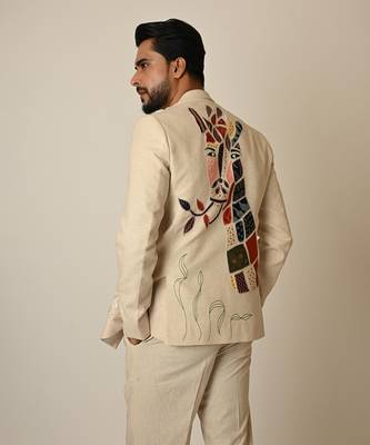 Dusty beige linen applique embroidered blazer 4