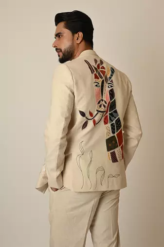 Dusty beige linen applique embroidered blazer