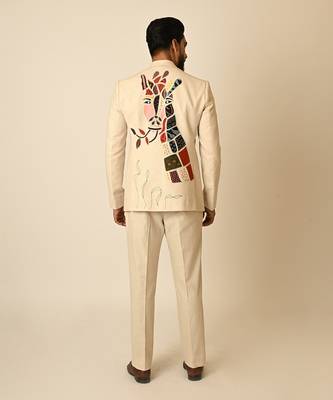 Dusty beige linen applique embroidered blazer 5