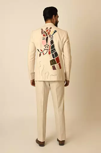 Dusty beige linen applique embroidered blazer