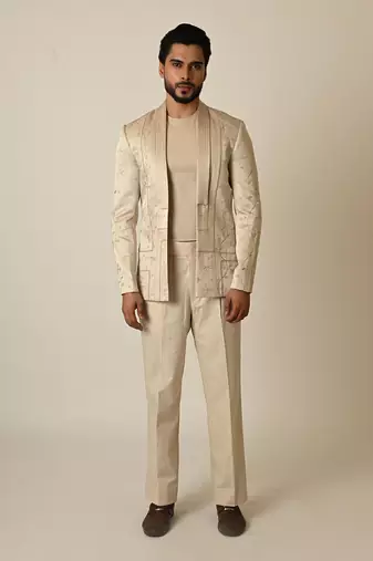 Pastel pink linen satin blend threadwork blazer