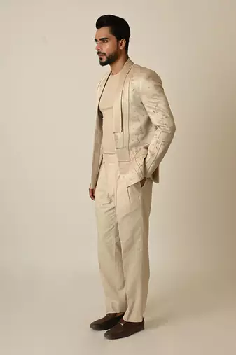 Pastel pink linen satin blend threadwork blazer