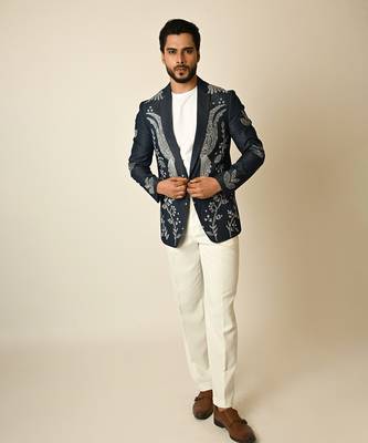 Dark blue denim thread embroidered blazer 1