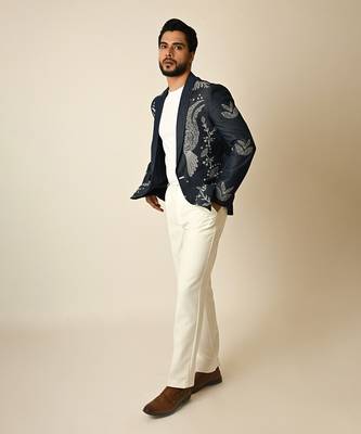 Dark blue denim thread embroidered blazer 2