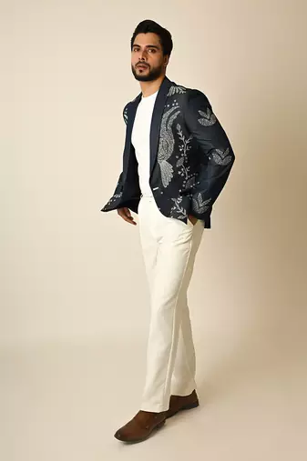 Dark blue denim thread embroidered blazer