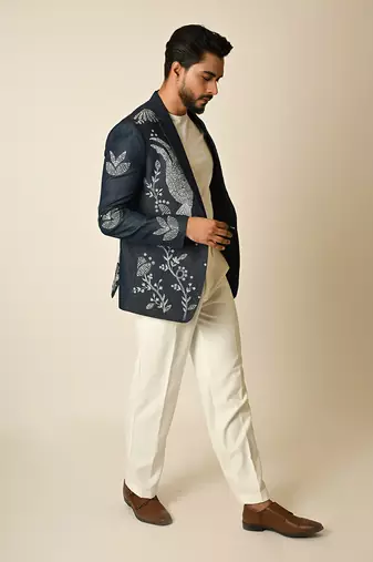 Dark blue denim thread embroidered blazer