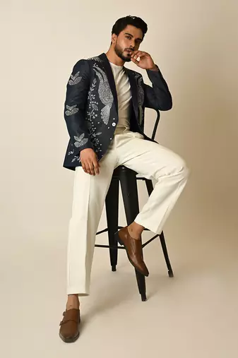 Dark blue denim thread embroidered blazer