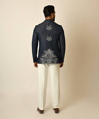Dark blue denim thread embroidered blazer 5
