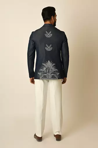 Dark blue denim thread embroidered blazer