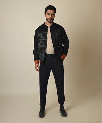 Navy blue satin suiting thread embroidered bomber jacket 1