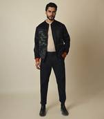 Navy blue satin suiting thread embroidered bomber jacket