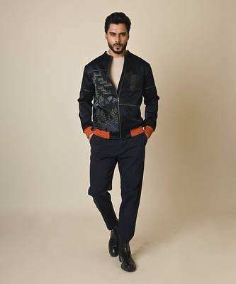 Navy blue satin suiting thread embroidered bomber jacket 2