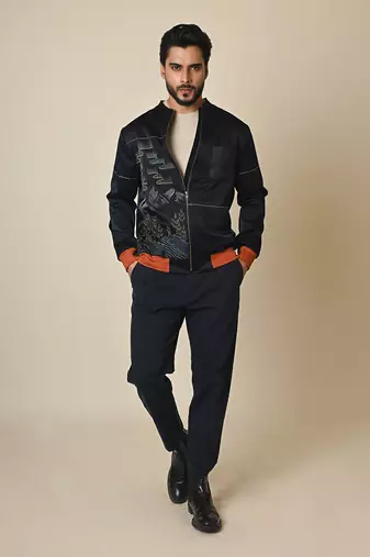 Navy blue satin suiting thread embroidered bomber jacket