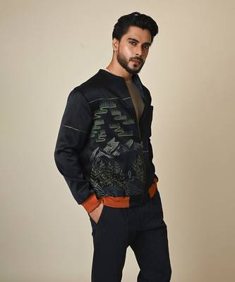 Navy blue satin suiting thread embroidered bomber jacket 3