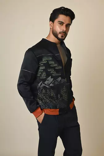 Navy blue satin suiting thread embroidered bomber jacket