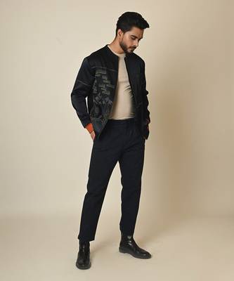 Navy blue satin suiting thread embroidered bomber jacket 4