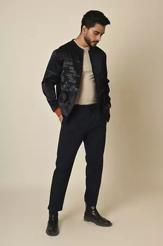 Navy blue satin suiting thread embroidered bomber jacket