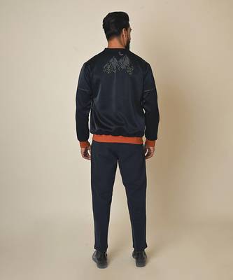 Navy blue satin suiting thread embroidered bomber jacket 5