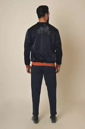 Navy blue satin suiting thread embroidered bomber jacket