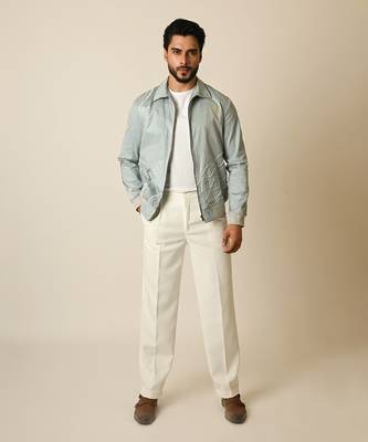 Baby blue suede thread embroidered bomber jacket 1