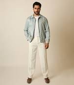 Baby blue suede thread embroidered bomber jacket