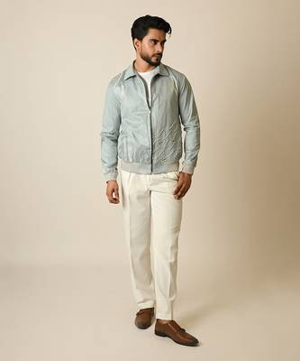 Baby blue suede thread embroidered bomber jacket 2
