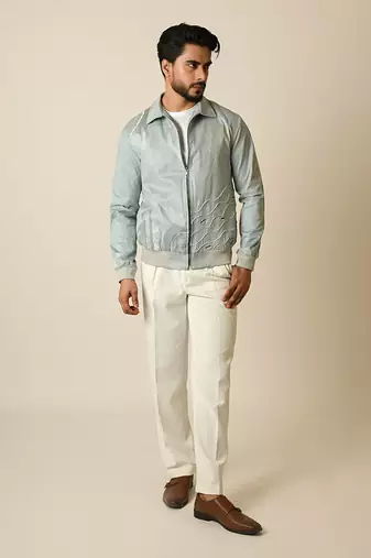 Baby blue suede thread embroidered bomber jacket