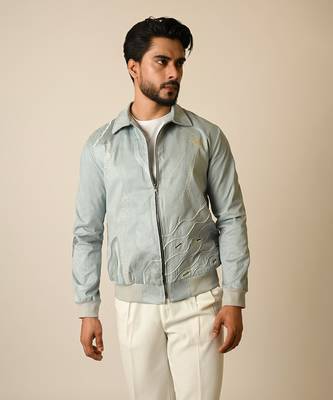 Baby blue suede thread embroidered bomber jacket 3