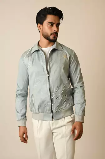 Baby blue suede thread embroidered bomber jacket