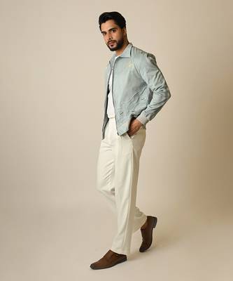 Baby blue suede thread embroidered bomber jacket 4