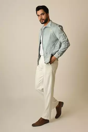 Baby blue suede thread embroidered bomber jacket