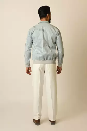 Baby blue suede thread embroidered bomber jacket