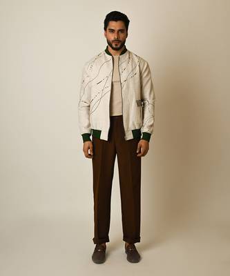 Dusty beige pure linen thread embroidered bomber jacket 1
