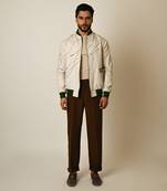 Dusty beige pure linen thread embroidered bomber jacket