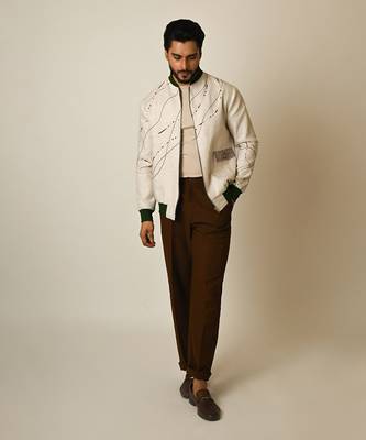 Dusty beige pure linen thread embroidered bomber jacket 2