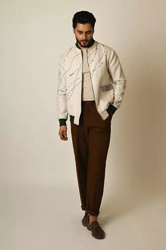 Dusty beige pure linen thread embroidered bomber jacket