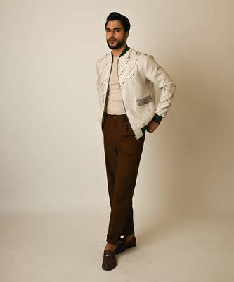 Dusty beige pure linen thread embroidered bomber jacket 3